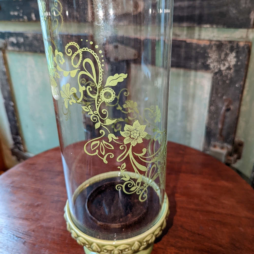 ❤️ PRICE DROP Candle Base/Holder with Patterned Hurricane Glass